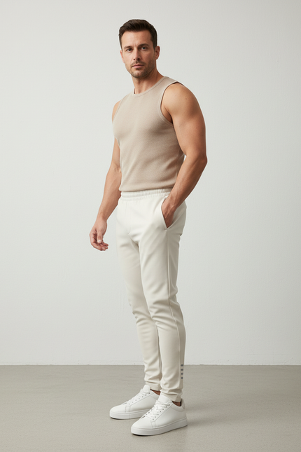 Pantalon Blanc Homme Slim Côtelé Réfléchissant Décontracté - Polyester