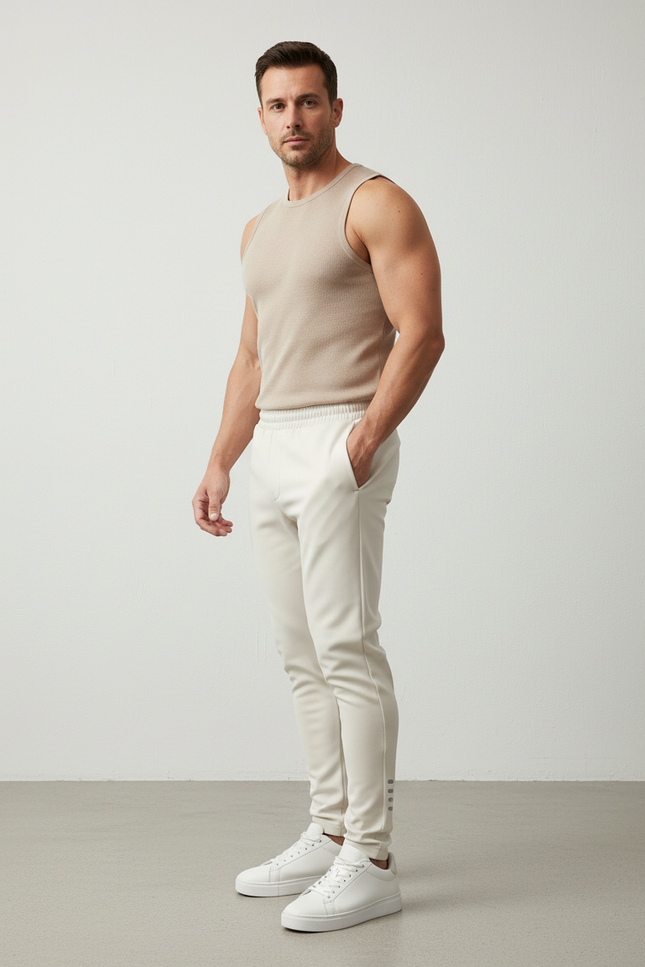 Pantalon Blanc Homme Slim Côtelé Réfléchissant Décontracté - Polyester