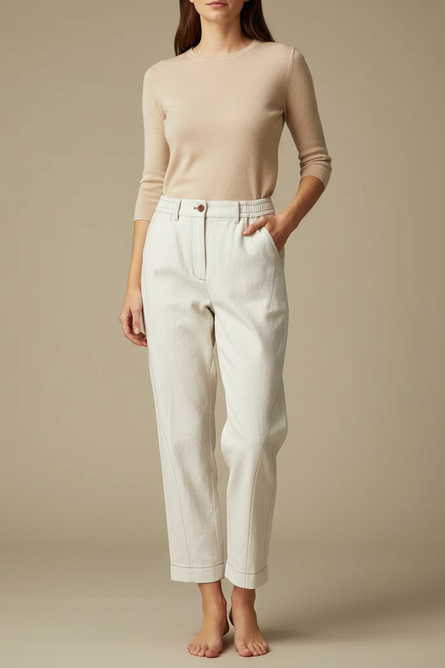 Pantalon Blanc Écru Décontracté Coton Femme - Toile