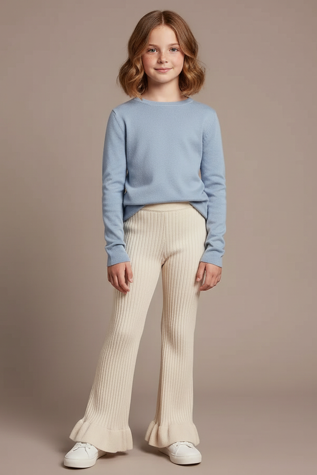 Pantalon Blanc Côtelé Évasé Enfant Tricoté Confortable - Beige Maille
