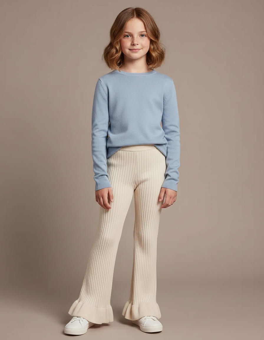 Pantalon Blanc Côtelé Évasé Enfant Tricoté Confortable - Beige Maille