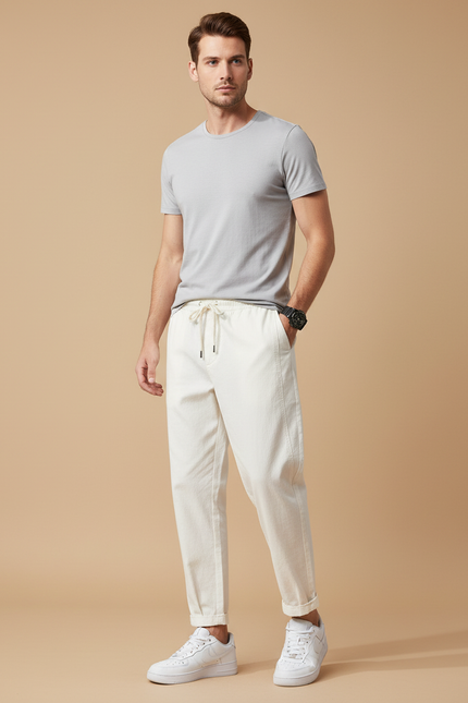 Pantalon Blanc Coton Décontracté Coupe Droite Homme