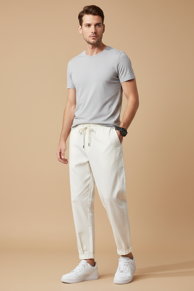 Pantalon Blanc Coton Décontracté Coupe Droite Homme