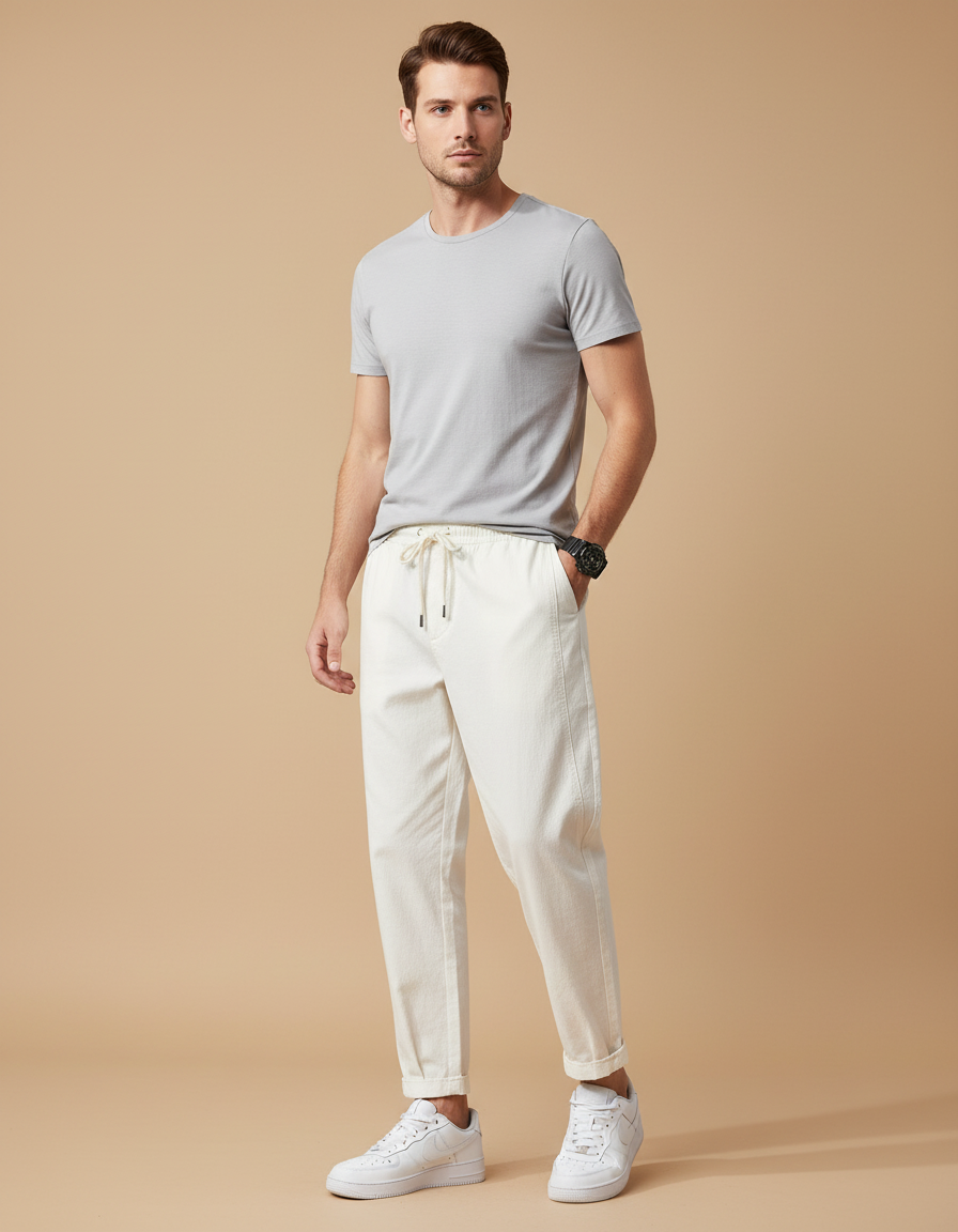 Pantalon Blanc Coton Décontracté Coupe Droite Homme