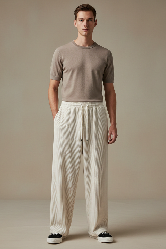 Pantalon Blanc Côtelé Ample Décontracté Homme Cordon - Cordé