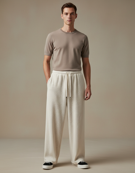 Pantalon Blanc Côtelé Ample Décontracté Homme Cordon - Cordé