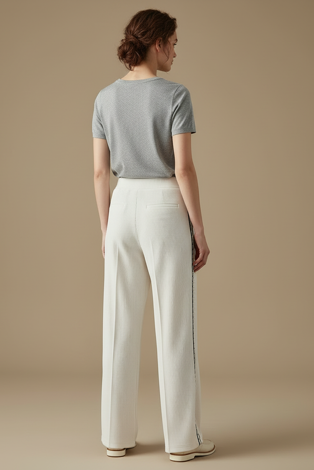 Pantalon Blanc Côtelé Large Élégant Rayé - Cordé - vue 2