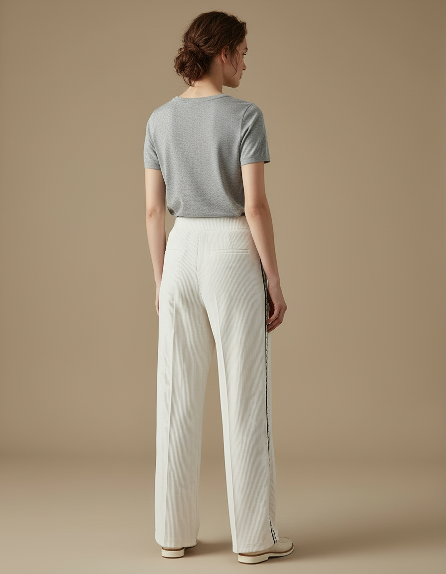 Pantalon Blanc Côtelé Large Élégant Rayé - Cordé - vue 2
