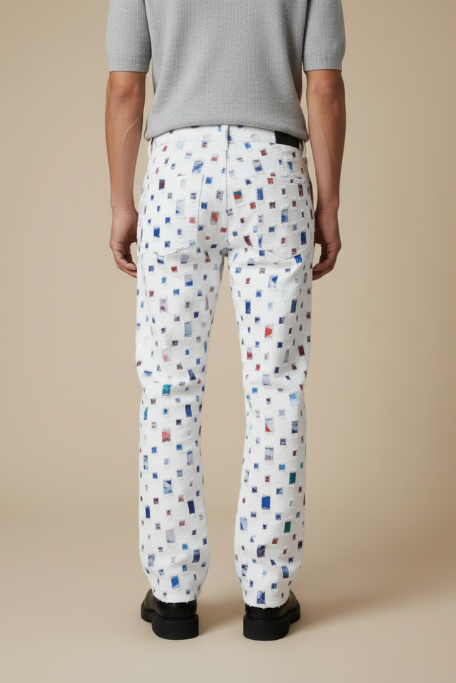 Pantalon Blanc Imprimé Carrés Colorés Denim Ample - Jean - vue 2