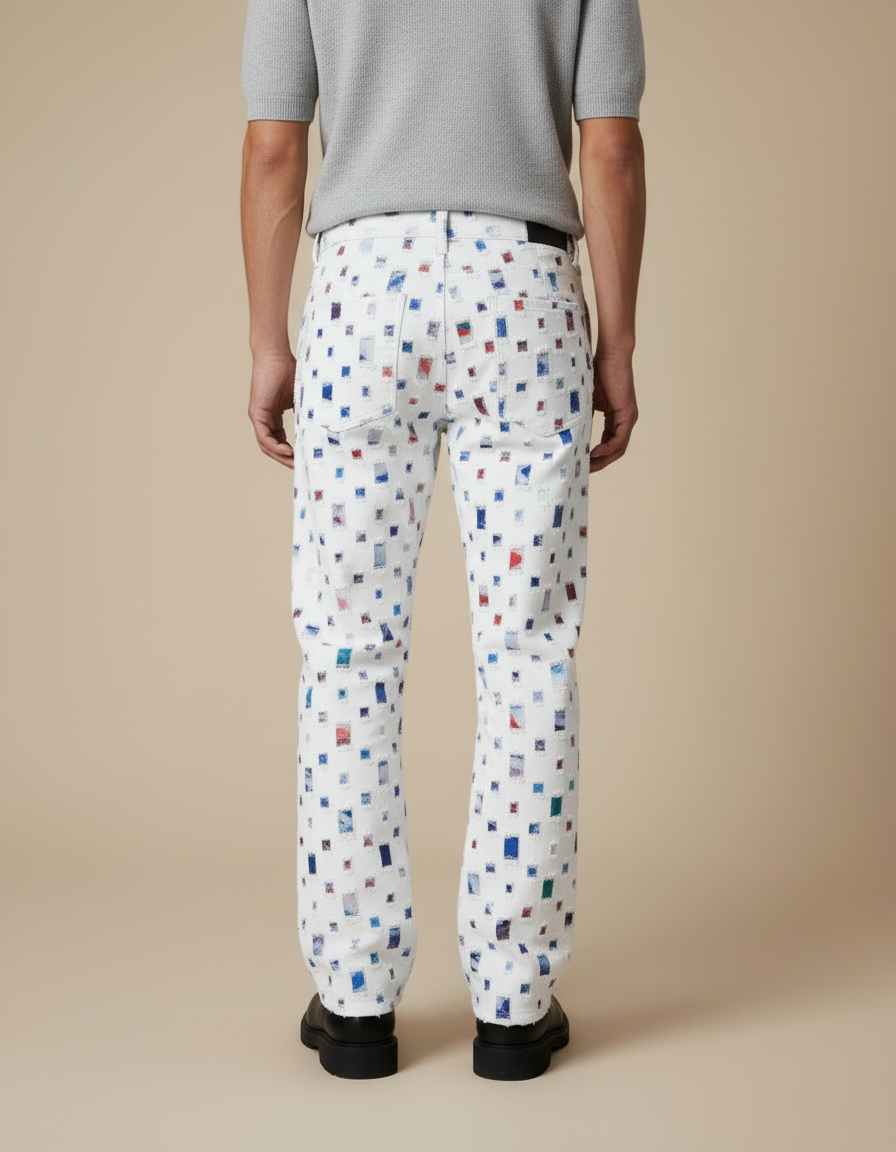 Pantalon Blanc Imprimé Carrés Colorés Denim Ample - Jean - vue 2