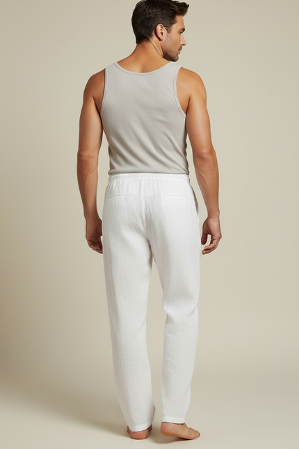 Pantalon Blanc Lin Coton Ample Décontracté Homme - vue 2