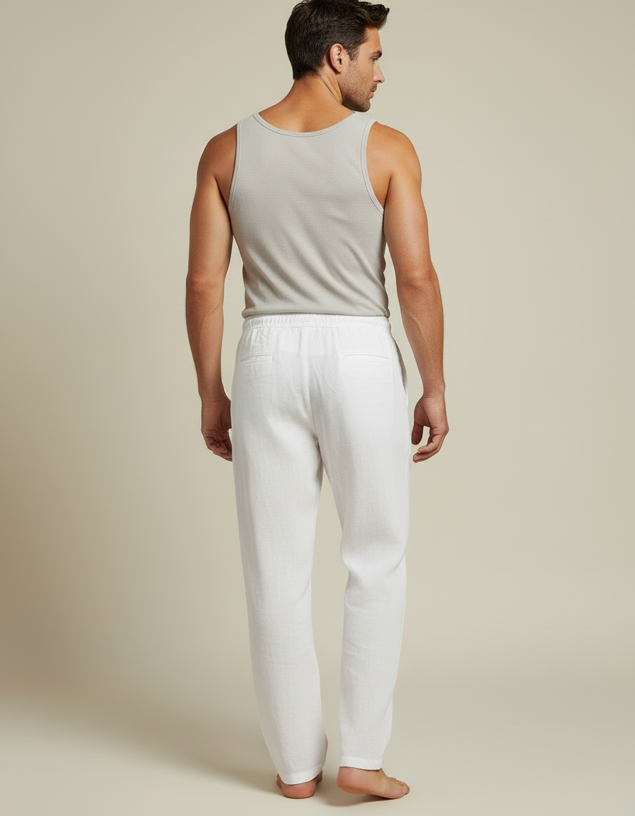 Pantalon Blanc Lin Coton Ample Décontracté Homme - vue 2