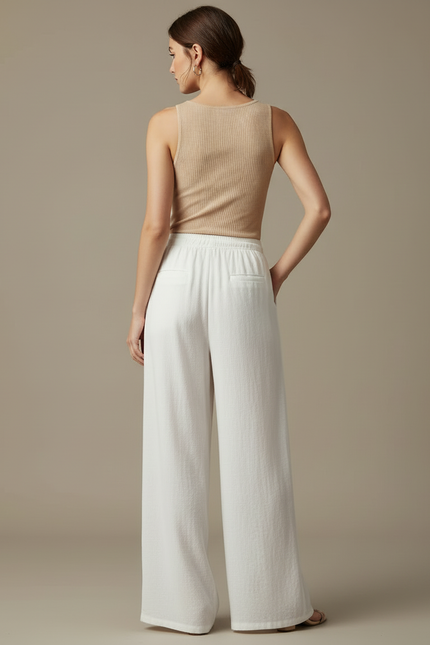 Pantalon Blanc Fluide Ample Taille Haute Décontracté Femme - Lin - vue 2