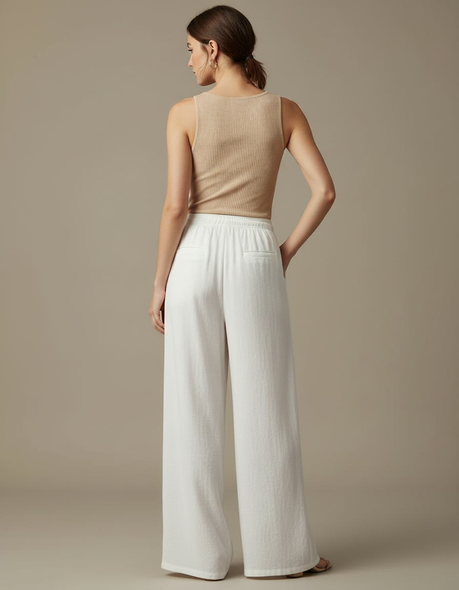 Pantalon Blanc Fluide Ample Taille Haute Décontracté Femme - Lin - vue 2