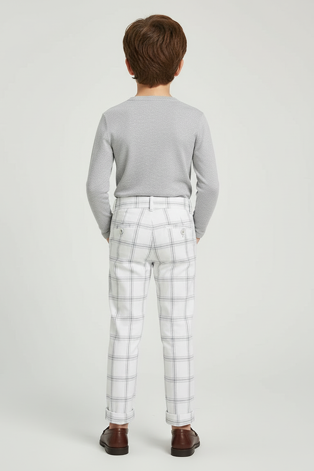 Pantalon Blanc Carreaux Gris Droit Garçon Élégant - Gabardine - vue 2