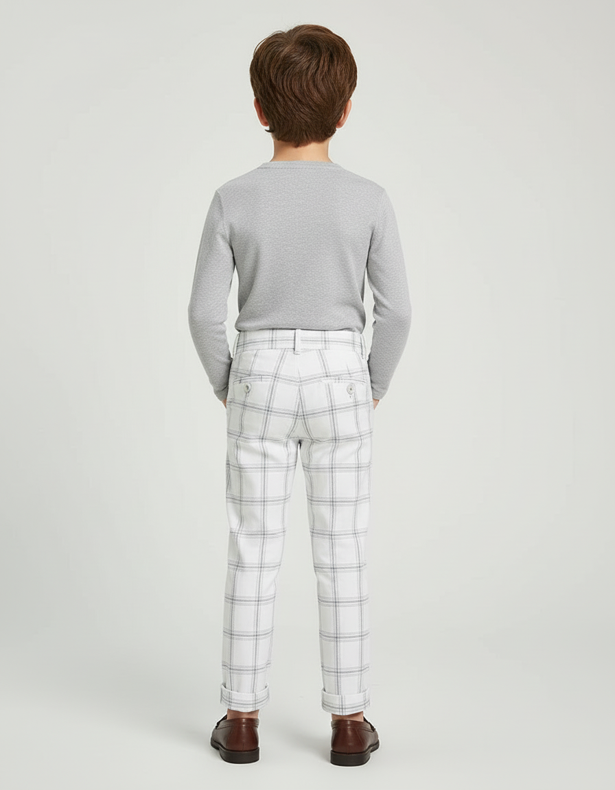 Pantalon Blanc Carreaux Gris Droit Garçon Élégant - Gabardine - vue 2