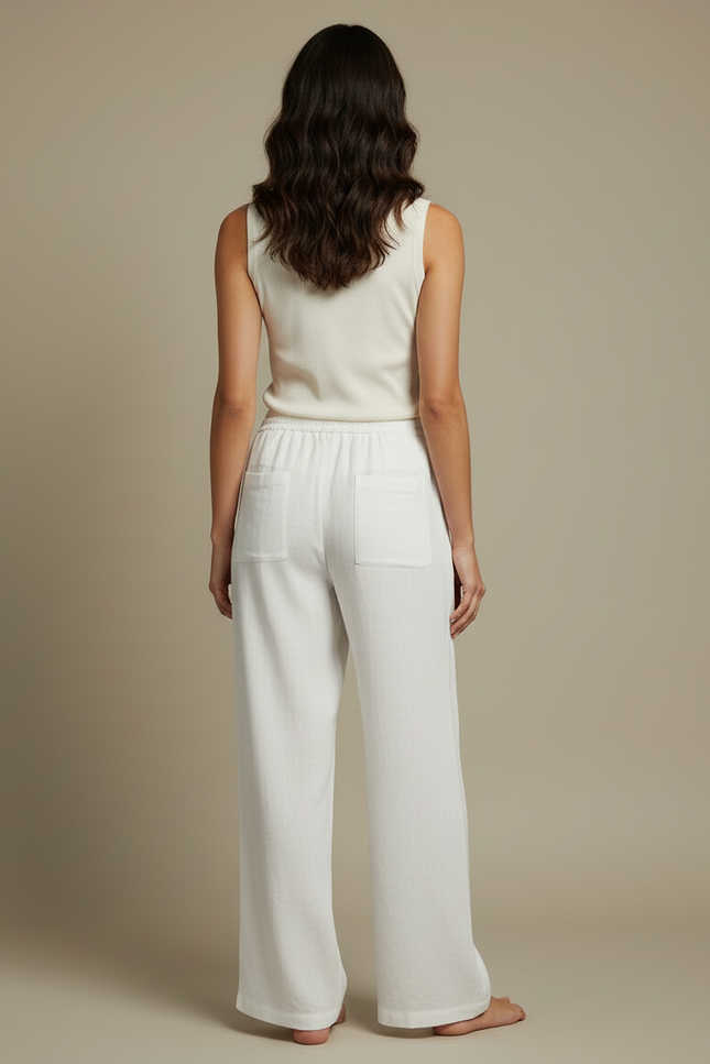 Pantalon Blanc Fluide Lin Ample Décontracté Cordon Femme - vue 2