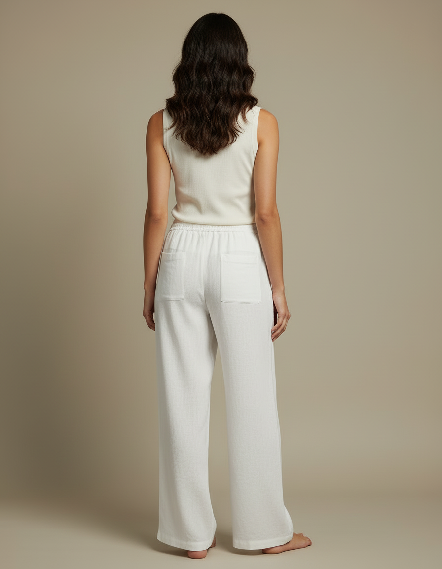 Pantalon Blanc Fluide Lin Ample Décontracté Cordon Femme - vue 2