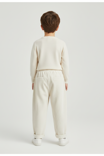 Pantalon Blanc Côtelé Ample Décontracté Poches Enfant - Beige Cordé - vue 2