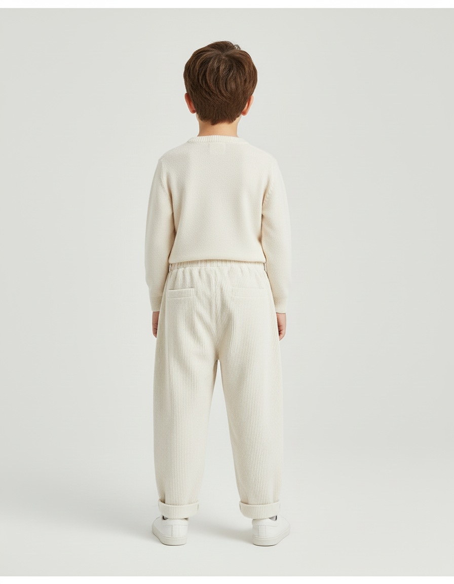 Pantalon Blanc Côtelé Ample Décontracté Poches Enfant - Beige Cordé - vue 2