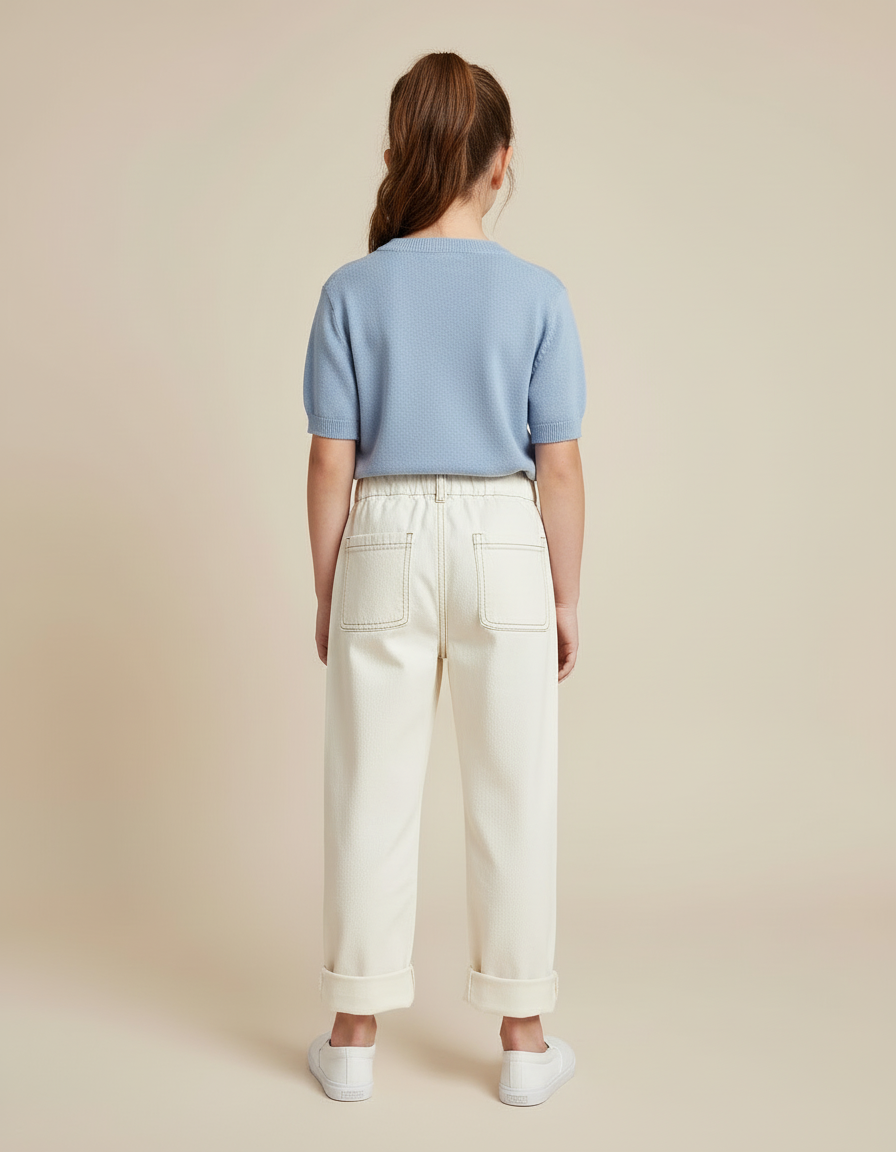 Pantalon Blanc Écru Décontracté Enfant Coton - Beige Toile - vue 2
