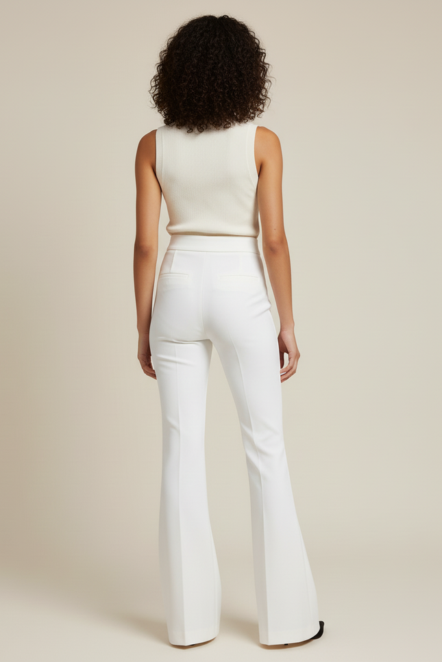 Pantalon Blanc Femme Évasé Élégant Taille Haute - Gabardine - vue 2