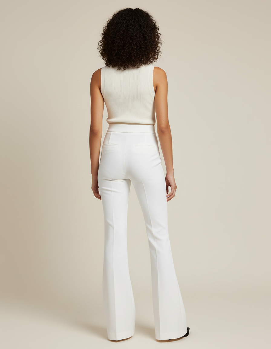 Pantalon Blanc Femme Évasé Élégant Taille Haute - Gabardine - vue 2