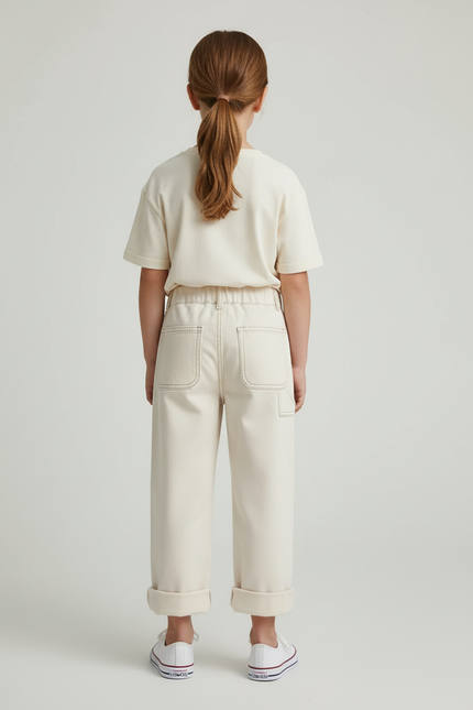 Pantalon Blanc Écru Décontracté Fille Coton - Beige Toile - vue 2