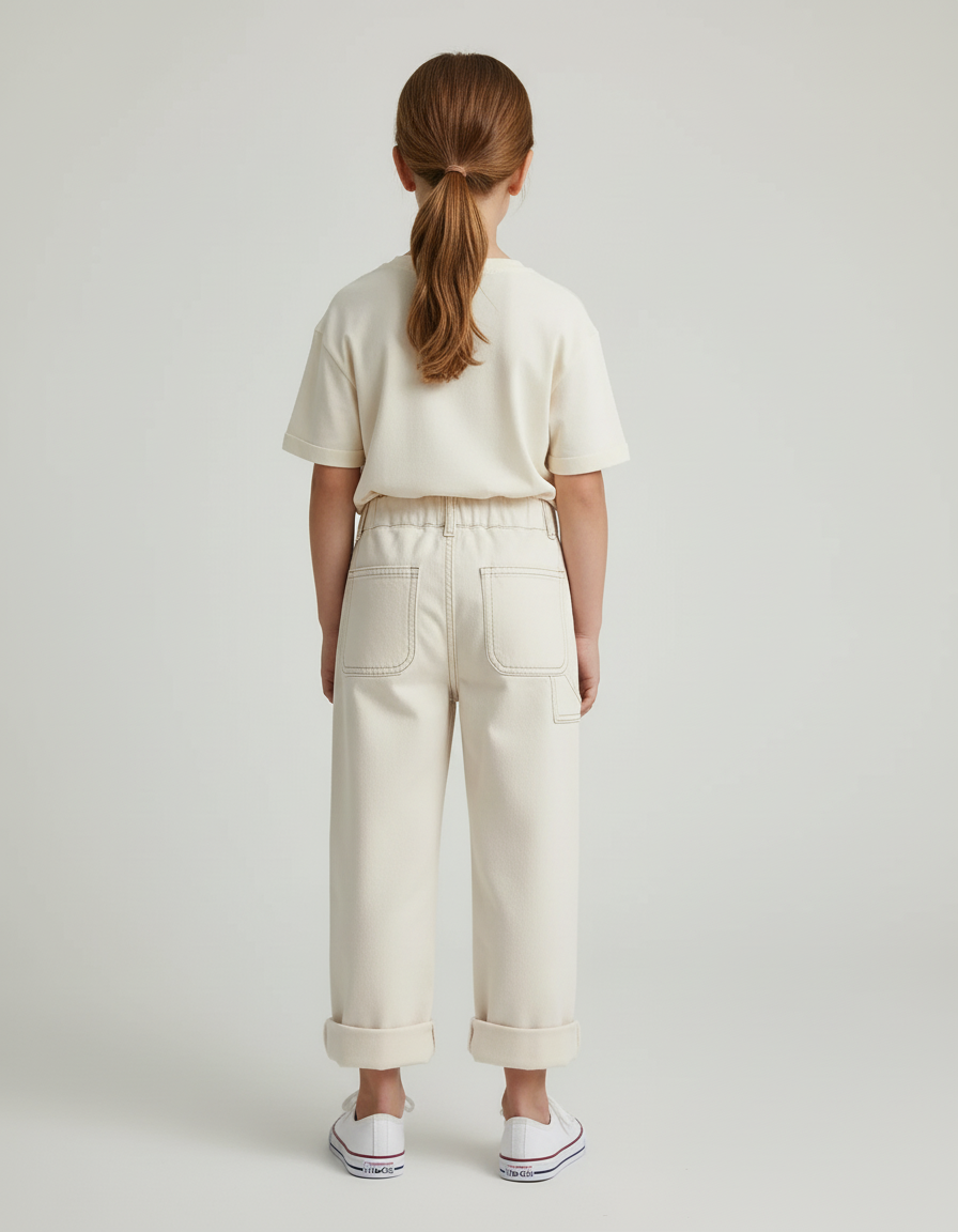 Pantalon Blanc Écru Décontracté Fille Coton - Beige Toile - vue 2