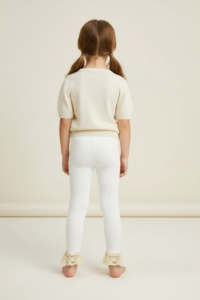 Pantalon Blanc Côtelé Tricoté Dentelle Enfant Fille - Maille - vue 2