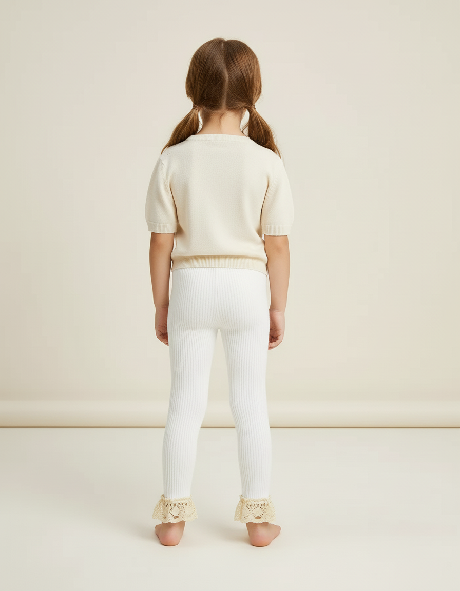 Pantalon Blanc Côtelé Tricoté Dentelle Enfant Fille - Maille - vue 2