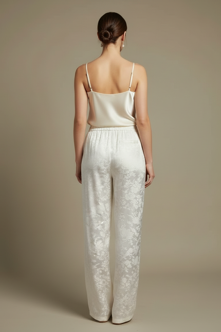 Pantalon Blanc Satin Jacquard Palazzo Élégant Fluide - vue 2