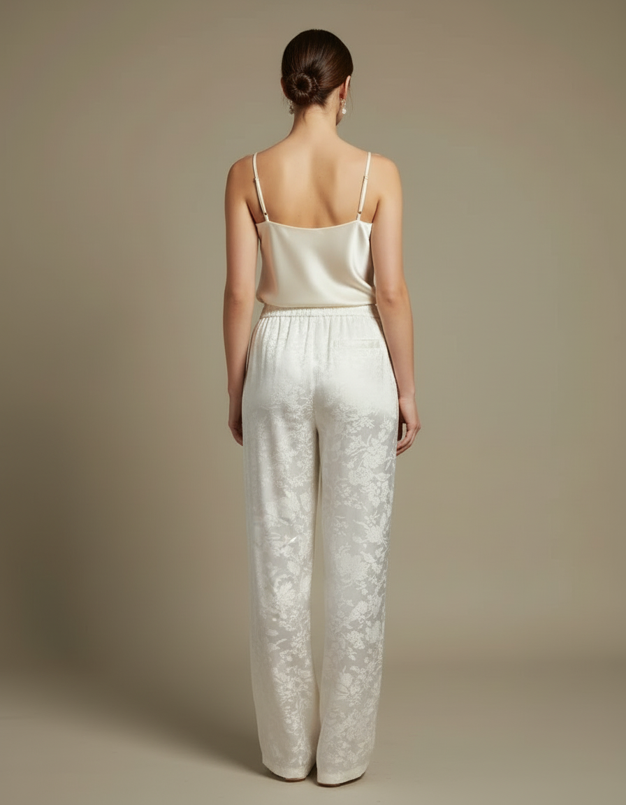 Pantalon Blanc Satin Jacquard Palazzo Élégant Fluide - vue 2