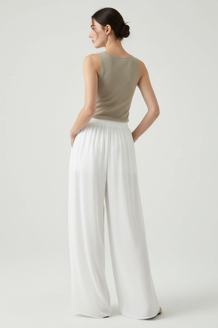 Pantalon Blanc Fluide Chiffon Ample Taille Haute Décontracté - Polyester - vue 2