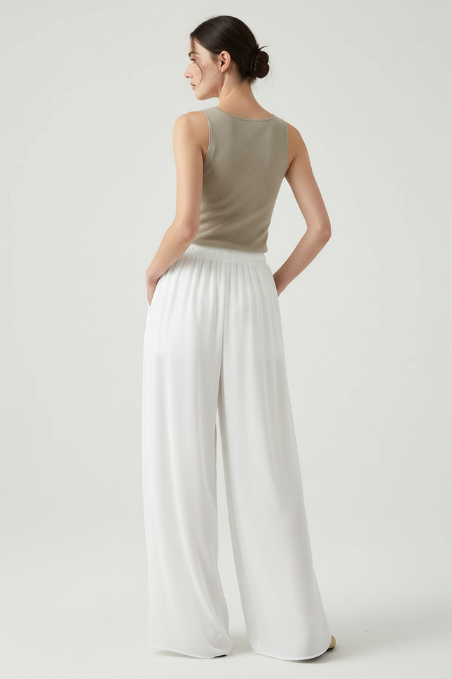 Pantalon Blanc Fluide Chiffon Ample Taille Haute Décontracté - Polyester - vue 2