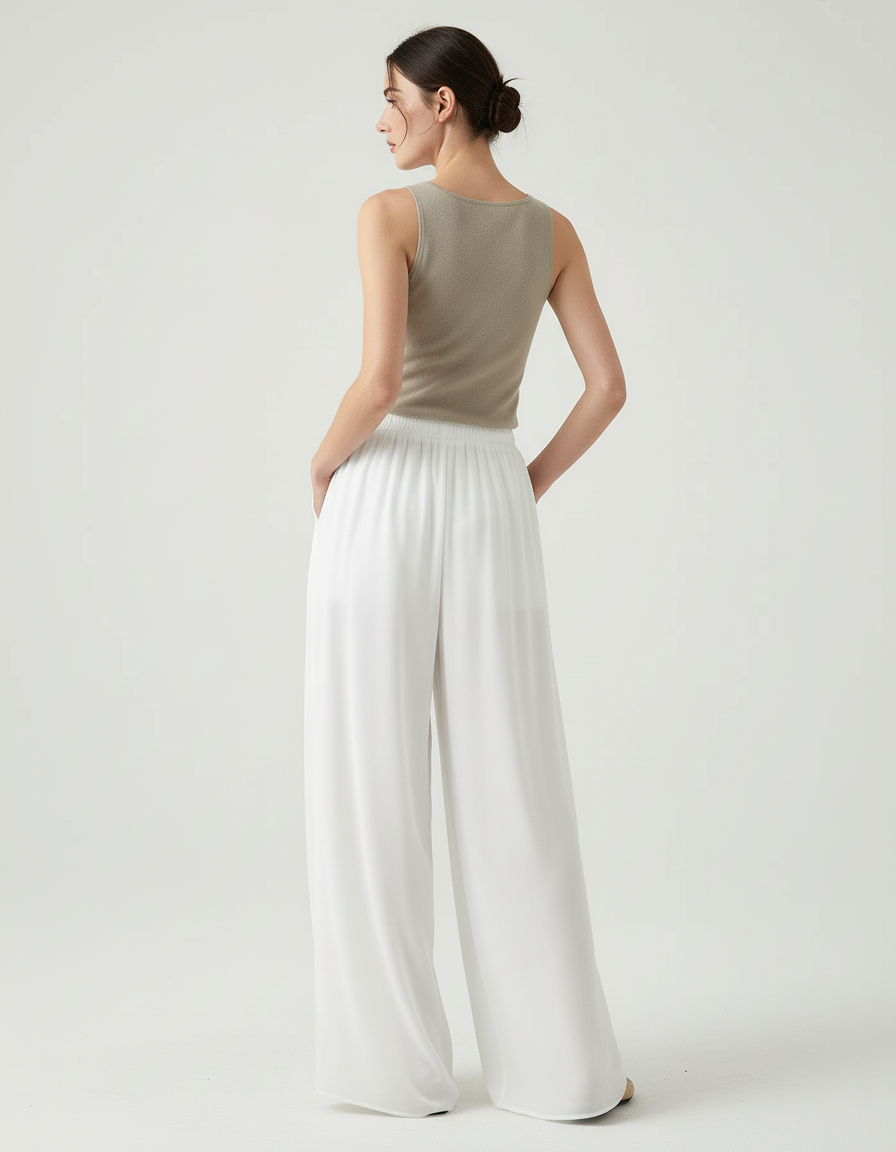 Pantalon Blanc Fluide Chiffon Ample Taille Haute Décontracté - Polyester - vue 2