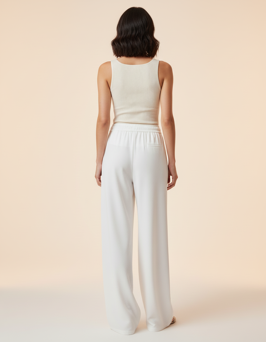 Pantalon Blanc Ample Fluide Cordon Décontracté Femme - Viscose - vue 2