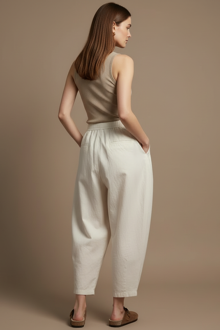 Pantalon Blanc Ample Plissé Décontracté Fluide Femme - Toile - vue 2