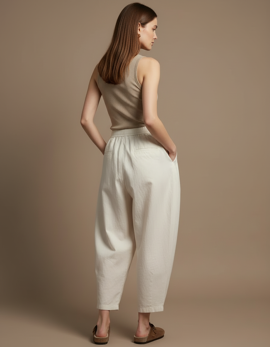 Pantalon Blanc Ample Plissé Décontracté Fluide Femme - Toile - vue 2