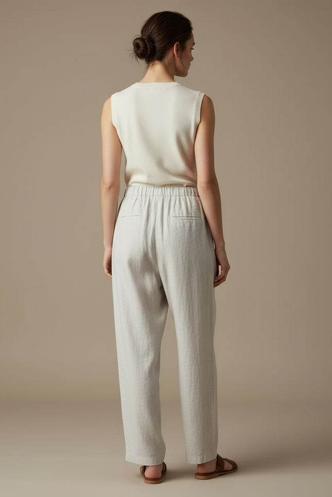 Pantalon Blanc Lin Fluide Ample Décontracté Cordon - Gris - vue 2