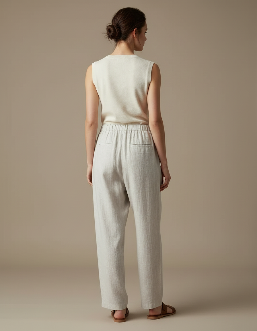 Pantalon Blanc Lin Fluide Ample Décontracté Cordon - Gris - vue 2