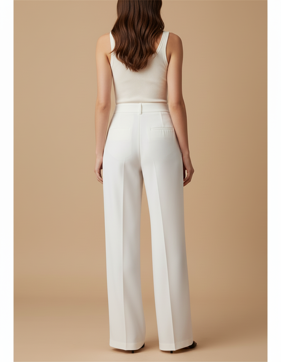 Pantalon Blanc Taille Haute Ample Jambe Large Fluide - Viscose - vue 2