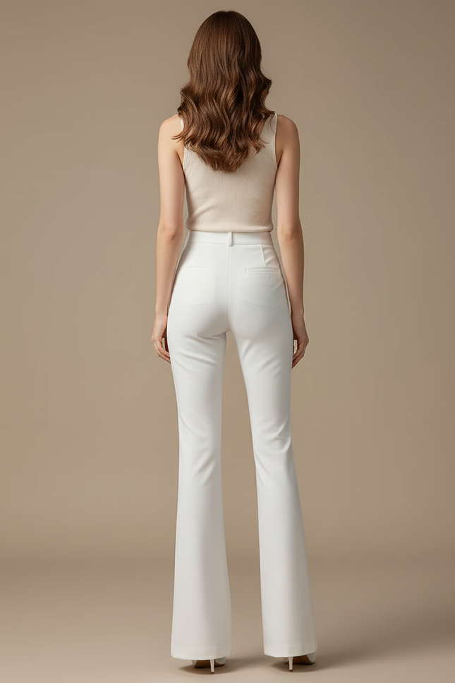 Pantalon Blanc Évasé Taille Haute Élégant Fluide - Polyester - vue 2