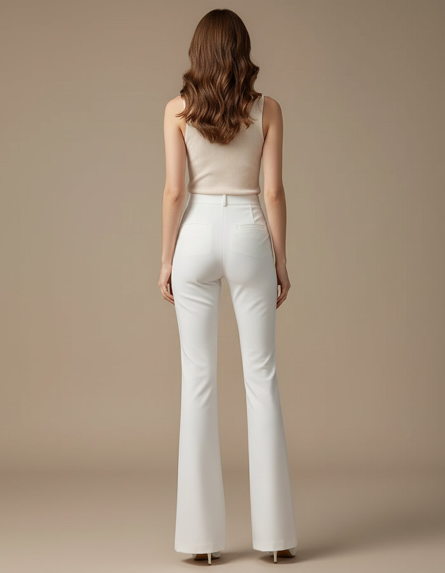 Pantalon Blanc Évasé Taille Haute Élégant Fluide - Polyester - vue 2