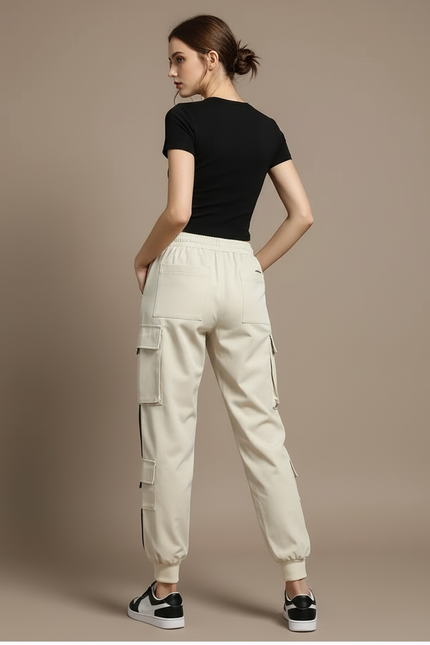 Pantalon Blanc Cargo Femme Taille Haute Décontracté - Beige Polyester - vue 2