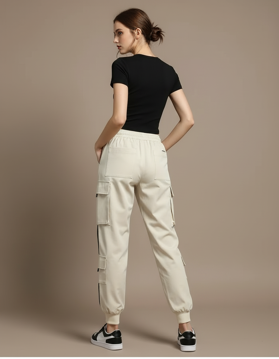 Pantalon Blanc Cargo Femme Taille Haute Décontracté - Beige Polyester - vue 2