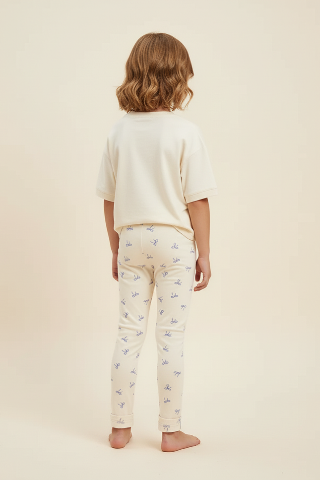 Pantalon Blanc Élastique Coton Slim Imprimé Nœuds Fille - Beige - vue 2