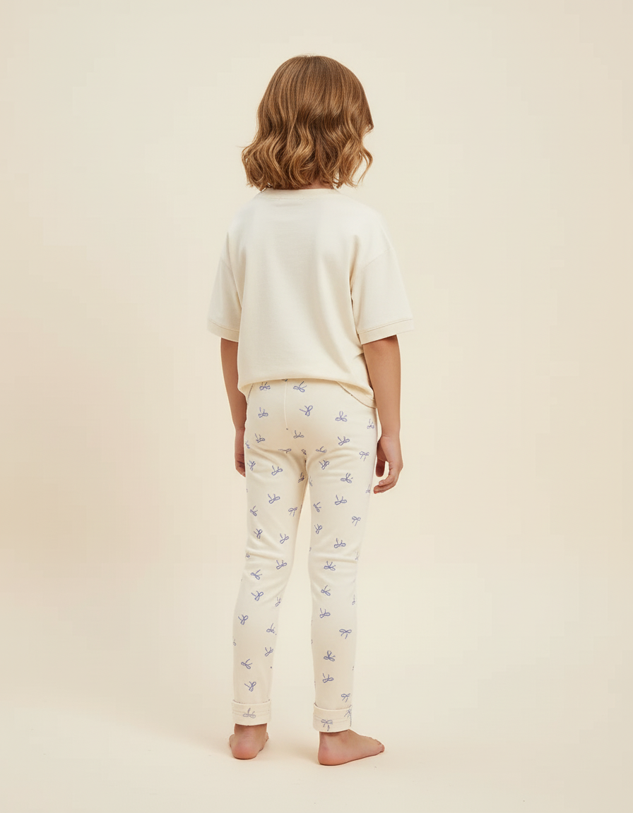 Pantalon Blanc Élastique Coton Slim Imprimé Nœuds Fille - Beige - vue 2