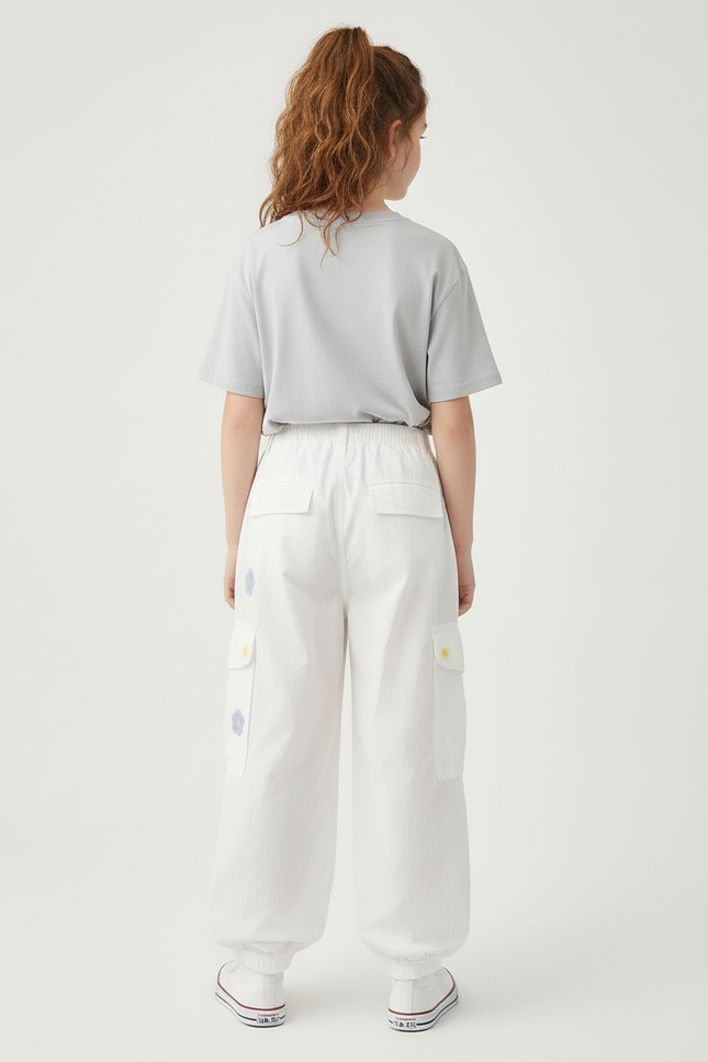 Pantalon Blanc Cargo Ample Brodé Fleurs Enfant - Polyester - vue 2