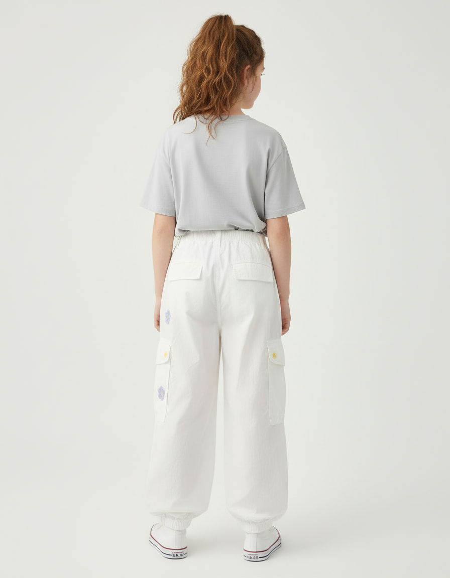 Pantalon Blanc Cargo Ample Brodé Fleurs Enfant - Polyester - vue 2